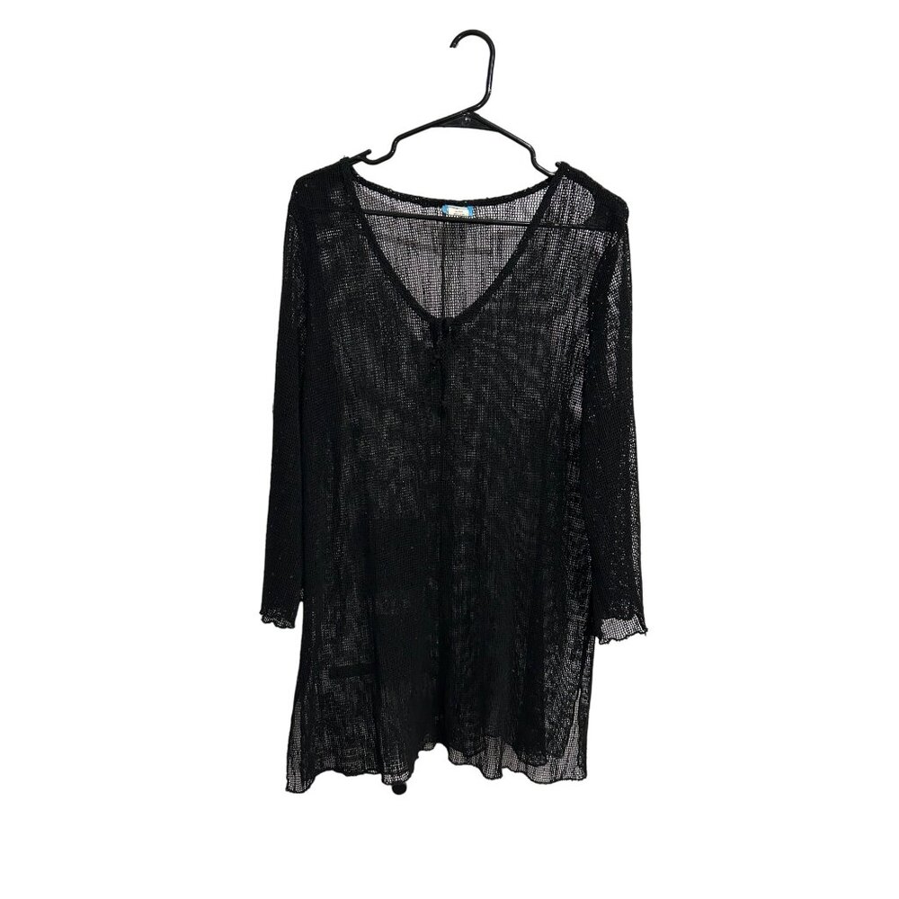 Dotti Black Sheer Mesh Beach Cover-Up Tunic Top V-Neck 3/4 Sleeve Womens Size L